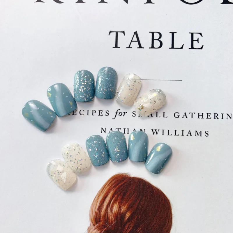 GAM-BELLE Glitter Blue Marble Pattern False Nails Full Ellipse Artificial Press On Nails Elegant French Nail Art Decoration