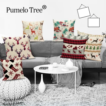 

Happy Christmas Pillow Cover Merry Christmas Bed Pillow Case Deer Tree Decorations Navidad Throw Pillows for Couch Cover Cojines