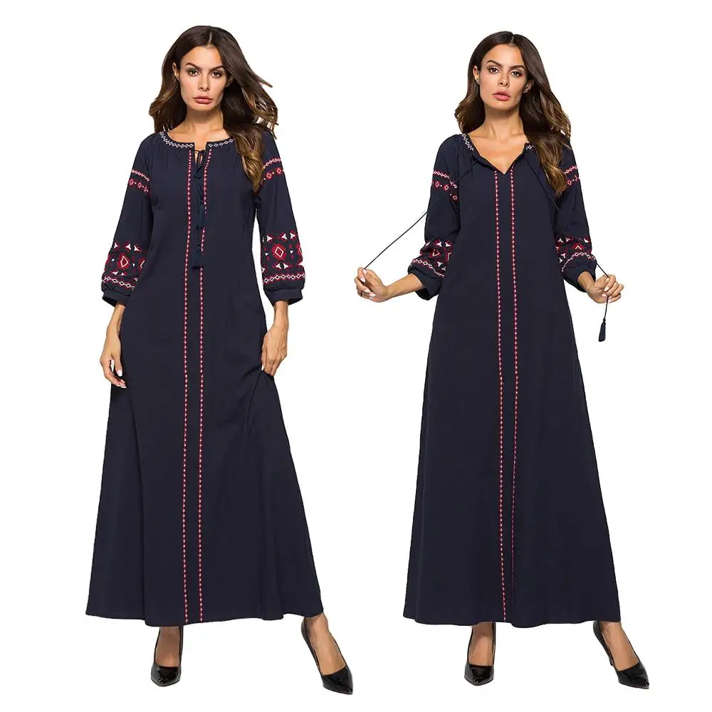 Длинное платье Abaya для мусульманской женщины Осеннее этническое с вышивкой и