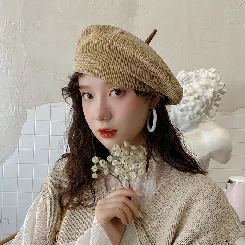 Winter Beret Corduroy Hats Women Vintage High Street Korean Style