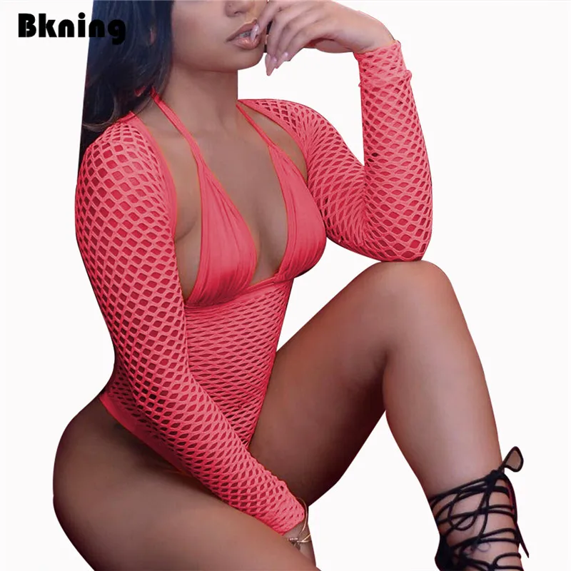 

Long Sleeve Swimsuit 1 Piece Woman Brazilian Fishnet Bathing Suit Solid Red Halter Swim Suit Thong Swimwear Red Yellow Green