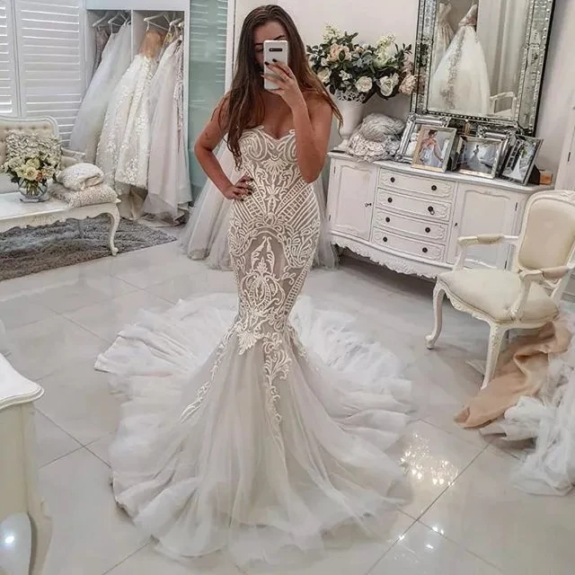 Stylish Mermaid Wedding Dress Lace Pattern Sweetheart Sexy Open Back Bridal Gowns With Tulle Skirt Modern