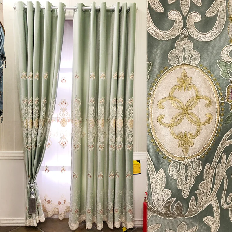 

Custom curtains High grade European shading flannel embroidered green livingroom bedroom cloth blackout curtain tulle drape M767