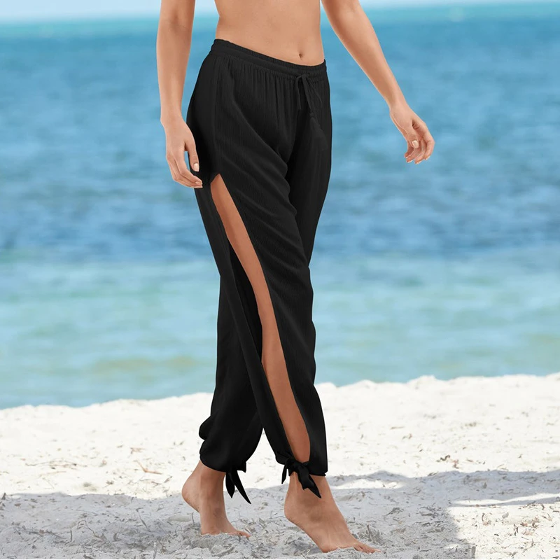 

Womens Side Slit Elastic Wide Leg Casual Baggy Pants Summer Beach Long Trousers
