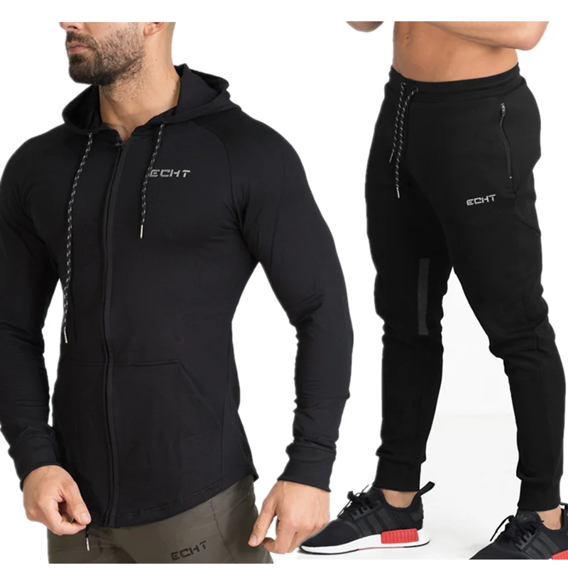 Black (Sets) Мужская спортивная одежда для бега, костюмы, Толстовка/спортивные штаны для спортзала, Фитнес Тренировочные толстовки и штаны, 2 шт./компл., мужские спортивные куртки для бега - Цвет: Black (Sets)