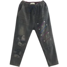 OMIKRON новые корейские модные женские джинсы с эластичным поясом, свободные винтажные хлопковые джинсовые теплые штаны-шаровары, Лоскутные Джинсовые штаны с вышивкой