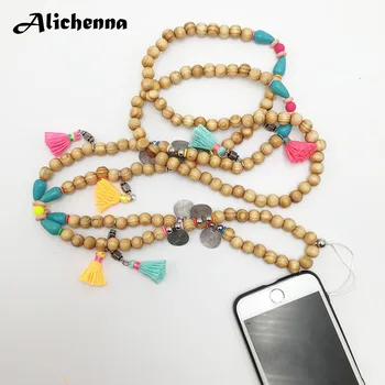 

Boho Mobile Phone Chain Necklace Statement Green Water-drop Stone Wooden Beads Colour Tassel Long Charm Cell Phone Lanyard Strap