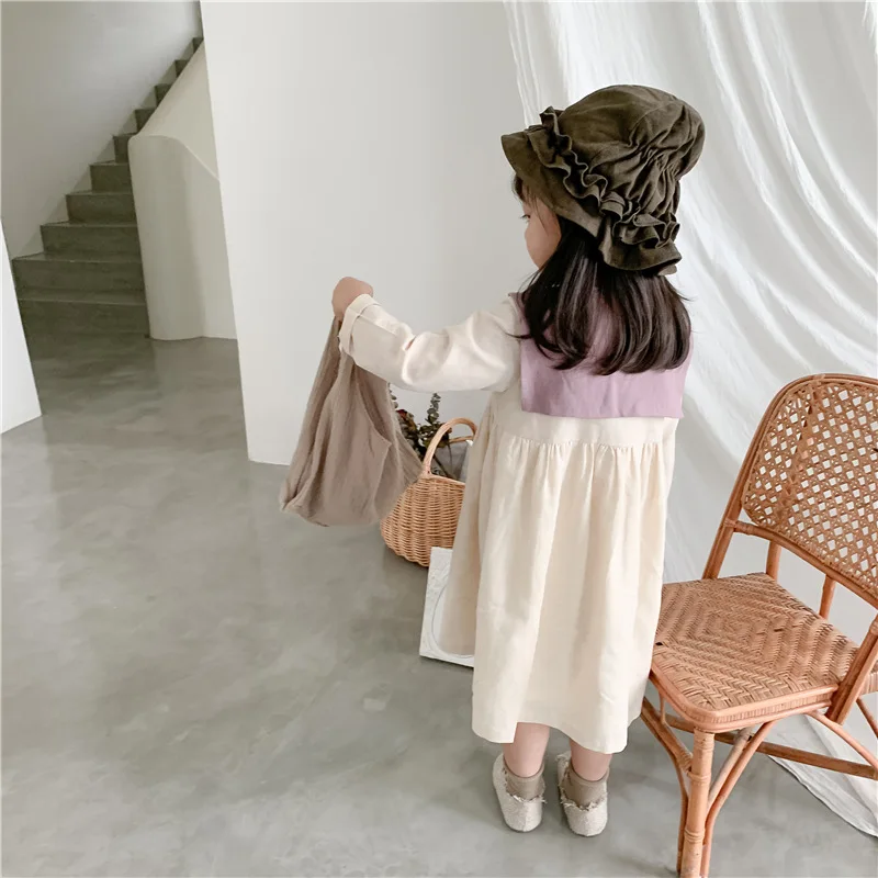 Осеннее Новое льняное платье в Корейском стиле для маленьких девочек Детские платья принцессы с длинными рукавами детская одежда с матросским воротником