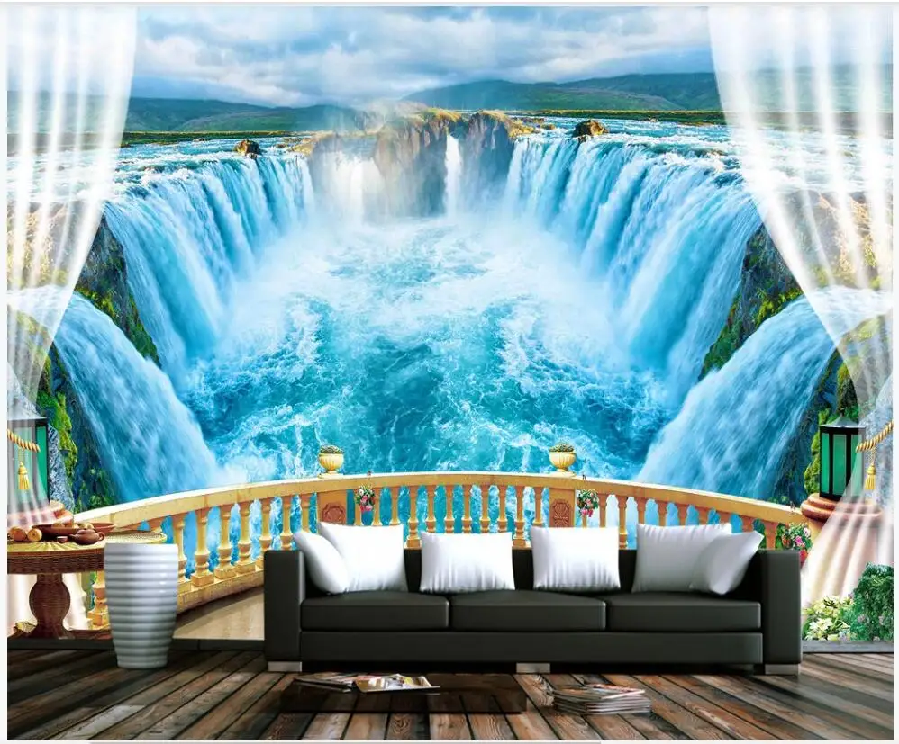 

3d wallpaper custom photo Balcony lake blue sky waterfall white cloud forest home decor living room wallpaper for walls 3 d