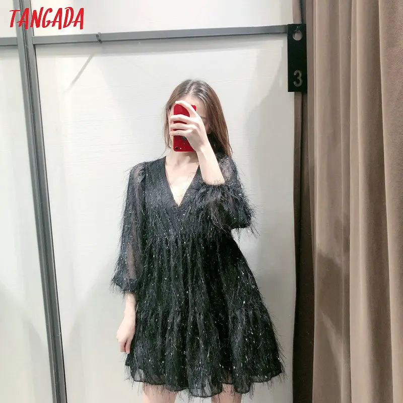 Tangada женское черное платье с кисточками с длинным рукавом и v-образным вырезом Новое поступление сексуальное женское мини платье для вечеринки 3H303