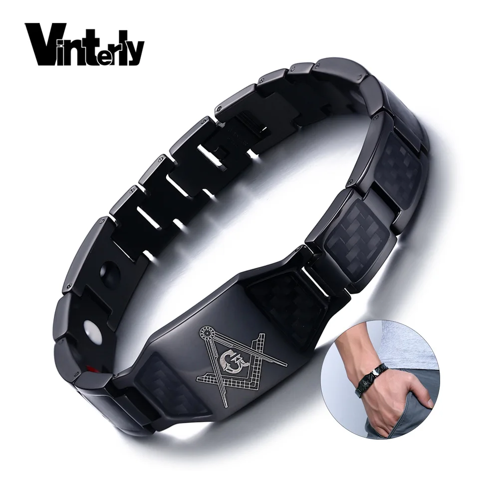 Baratos Pulsera magnética negra de Vinterly para hombre, cadena de mano de acero inoxidable, pulseras de identificación Punk masónica, pulseras de fibra de carbono con imán para la salud
