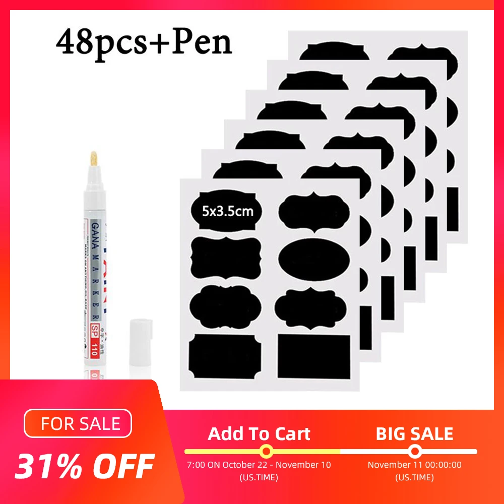 

48Pcs/Set Waterproof Chalkboard Kitchen Spice Label Stickers Home Jam Jar Bottle Tags Blackboard Labels Stickers With Marker Pen