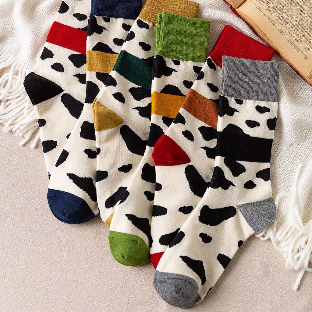 Women's Trend Cow Printing Bright Color Socks In The Tube Casual Cotton Socks Female Socks Funny Socks