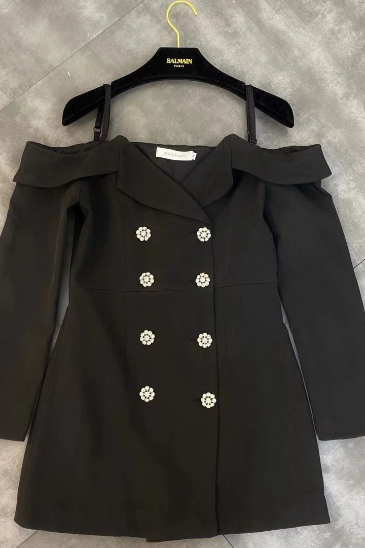 DEAT осень зима длинный рукав без бретелек Спагетти ремень двубортный стразы кнопка черное Короткое мини платье MH276
