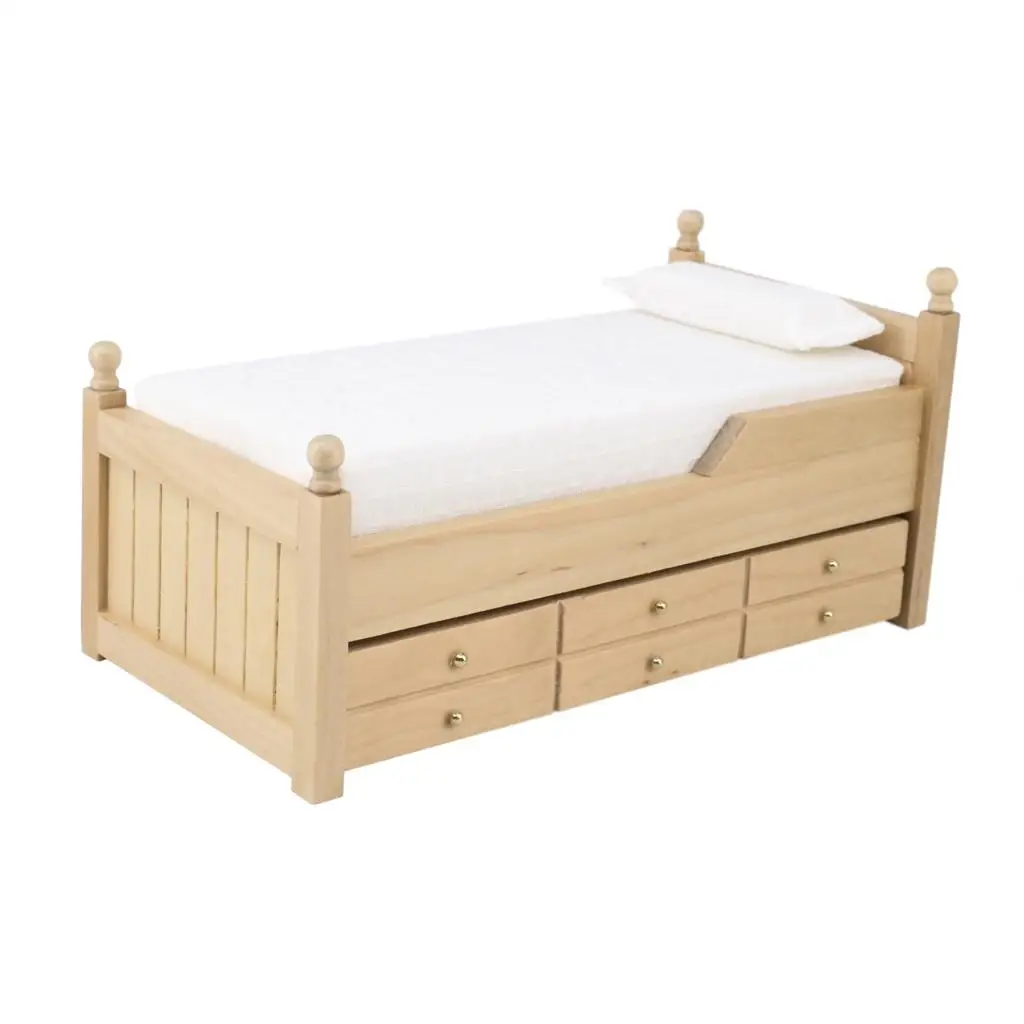 Wooden Dollhouse Bed, with Mattress, Dolls House Accessories, 1/12 Scale Dollhouse Miniatures Furniture
