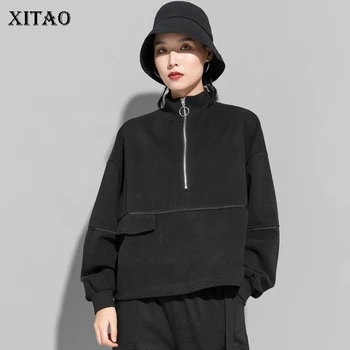 

XITAO Autumn Winter Clothes Women Zipper Stand Collar Tshirt Streetwear Women T Shirt Harajuku Personality Black 2020 New XJ3017