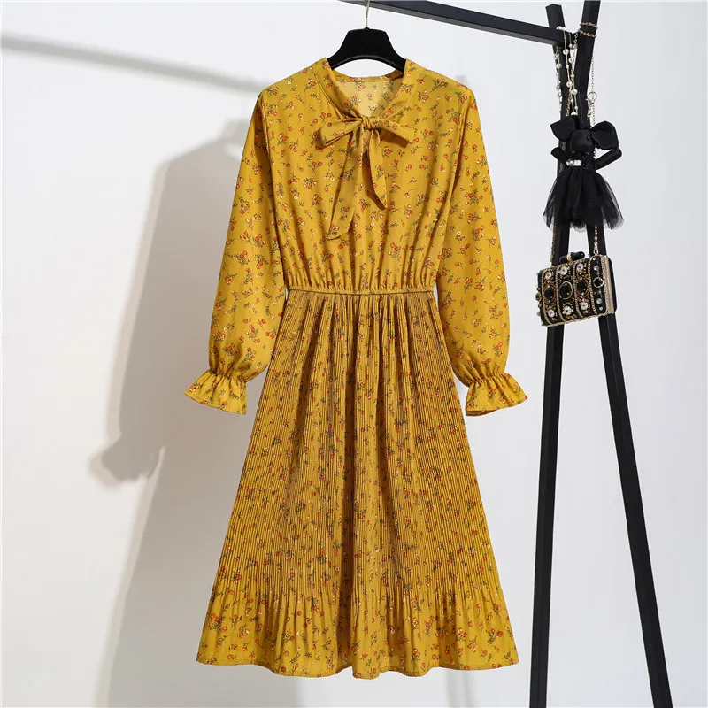

Vintage Floral Dress Fashion Women Bow Tie Collar Slim Ruffles Long Sleeve Dress Chiffon Office Party Midi Dresses Vestidos New