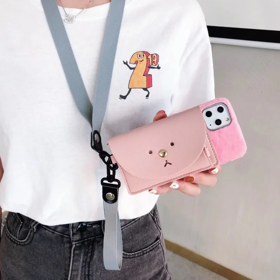 Мультяшный медведь ремешок для кошелька чехол для iPhone 11 Pro Xs Max X Xr 6 6s 7 8 Plus конфетный Кошелек для монет шейный шнур плюшевый пух чехол
