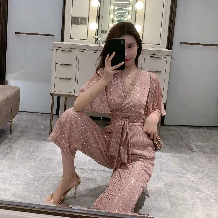 Осенний женский комбинезон с v-образным вырезом и пайетками, повседневный комбинезон с карманами и поясом, элегантный комбинезон, боди Feminino