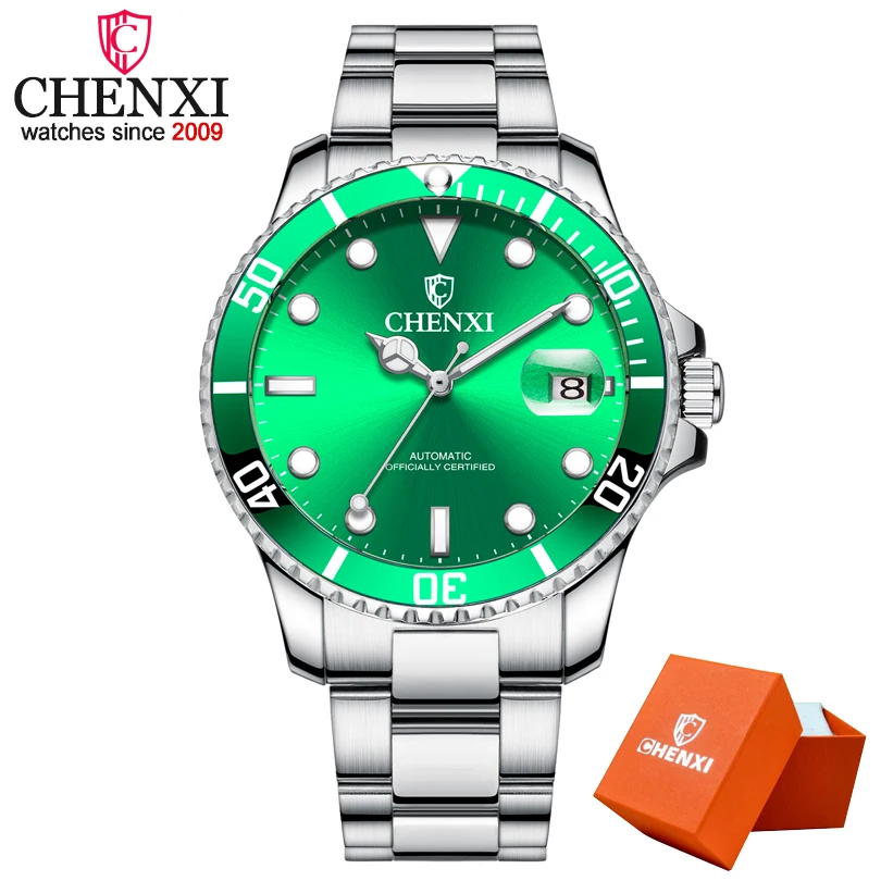 Silver Green in Box Прямая поставка CHENXI Топ бренд Мужские автоматические механические часы мужские золотые водонепроницаемые часы из нержавеющей стали Relogio Masculino - Цвет: Silver Green in Box