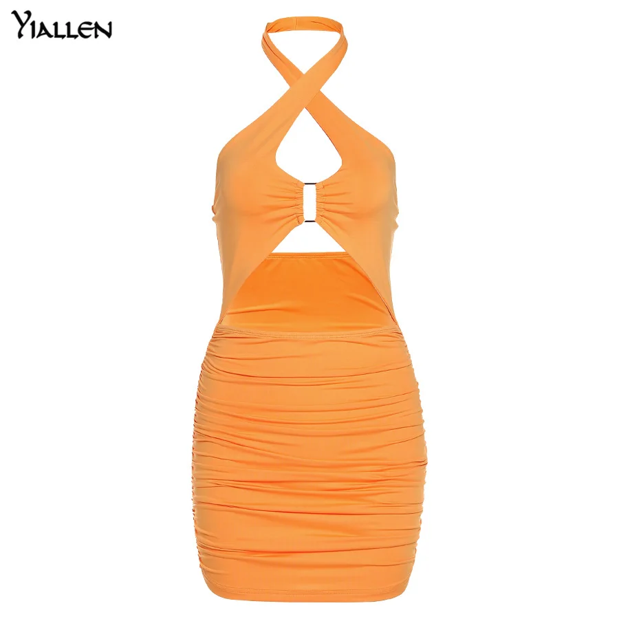 Wycnly Dresses for Women 2024 Sexy Hollowed Off Shoulder Matel Halter Tank  Mini Dresses Sleeveless Halter Feather Print Summer Short Sun Dress Orange  L Clearance Clothes 