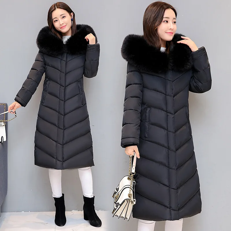 

Long Cotton-padded Clothes Women's over-the-Knee Thick Warm Slim Fit Korean-style Large Size Winter down Cotton fu da Fur Collar