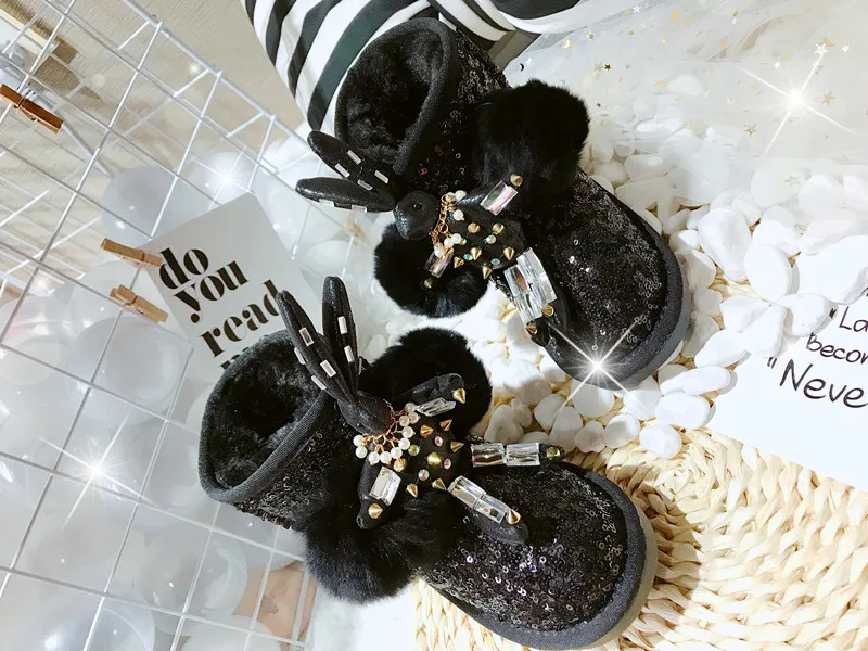 Новые зимние детские меховые детские теплые ботинки ботильоны с блестками для девочек Детская блестящая обувь брендовые ботинки с кроликом для малышей теплые черные ботинки