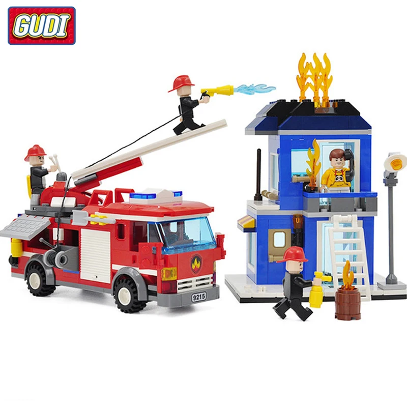 

GUDI Blocks Large Fire Rescue Compatible Legoingly Building Block Fire Station Helicopter Truck Block Toys For Children Boy Gift
