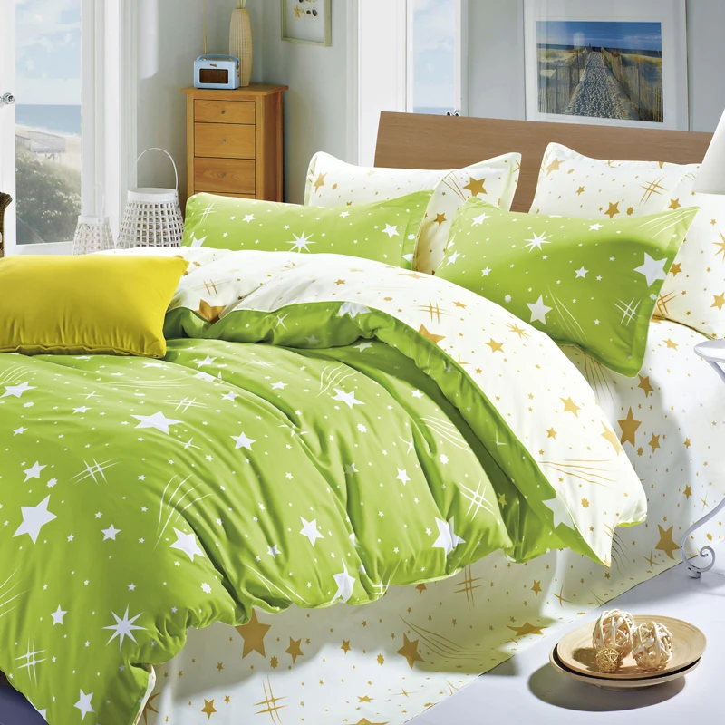 

Apple green bedding Skin-friendly Cotton sheets bed cover king size Meteor shower and snowflakes bedclothes -housse de couette