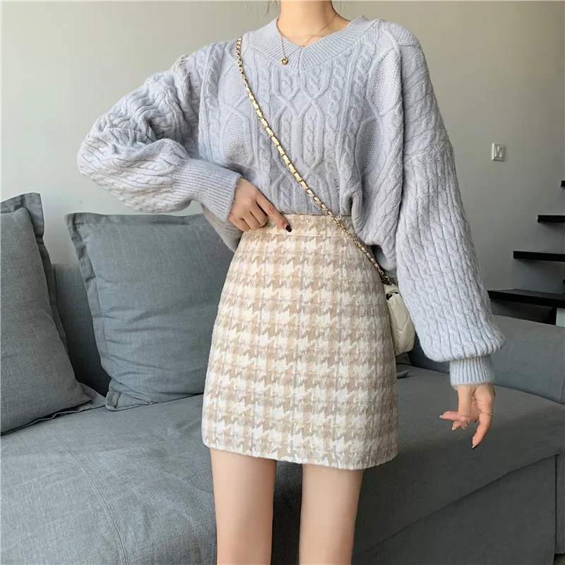Women Woollen Plaid Skirts High Waist 