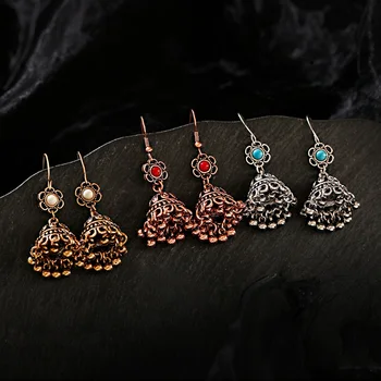 

Classical Retro Tassel Indian Jhumka Earrings Ethnic Flower Gold Silver Color Earrings For Women Oorbellen Hangers