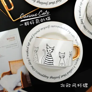 

Ceramic simple black and white cat coffee cup saucer set scented tea Black tea latte cup style customization