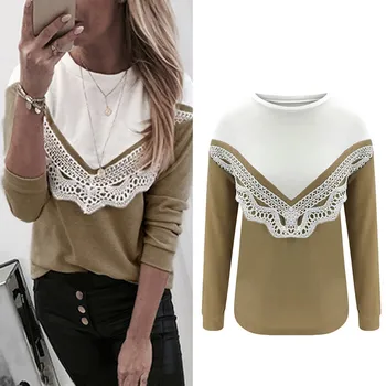 

Women Long Sleeve Blouse Color Patchwork Lace Front Autumn Spring Slim Tops FS99