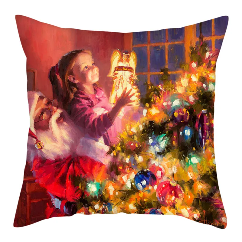 Fuwatacchi Santa Claus Printed Cushion Cover Christmas Pillow Covers Polyester Decoration Pillow Cases for Home Sofa 45X45cm