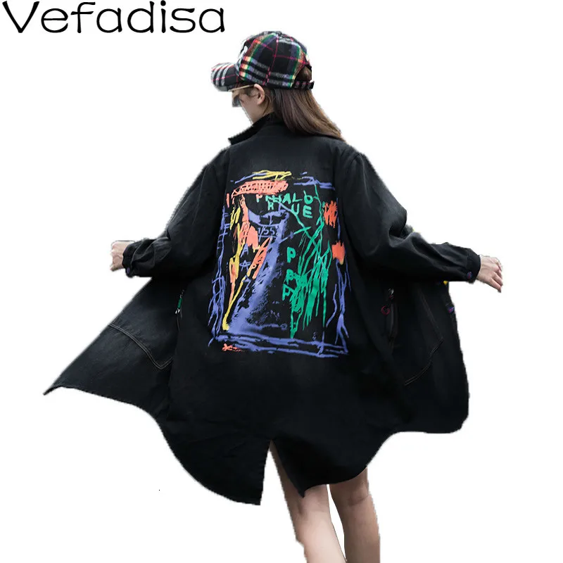 

Vefadisa Autumn Winter Print Denim Coat Long Hole Jacket Loose Single Breasted Jacket Streetwear Woman 2019 QYF778