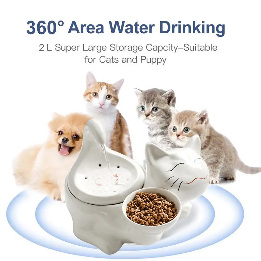 2L 360 Ceramic Pet Water Dispenser Advanced Cat Water Drinking Fountain Bowl with Replacement Filters and Foam for Cat and Dogs