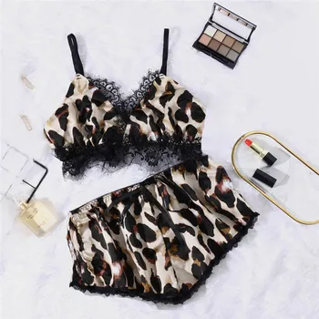 

Women Pajamas Leopard printed set New Fashion Ladies sleepwear Underwear Pajamas Sling Lingerie Sexy Lace Trousers Nightgown NEW