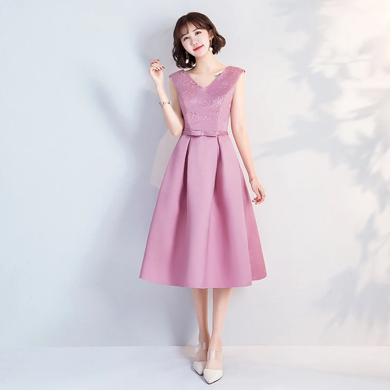 

V-neck Pink Burgundy Bridesmaid Dresses Elegant Tea-Length Vestido Largo Sirena Guest Wedding Party Dress Sexy Prom Azul Royal