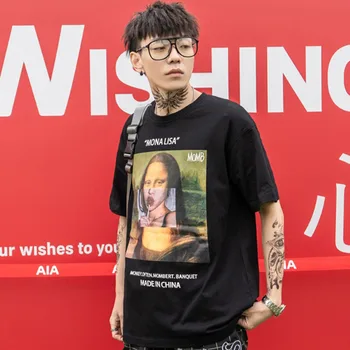 

Verão 2019 Camiseta Hip Hop Homens Streetwear T-Shirt Algodão Moda Harajuku Camiseta Engraçada Mona Lisa Black White Tops Tees