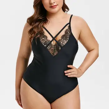 

Plus Size Swimsuit Sexy Bikinis Swimwear Women Solid Color One Piece Cross Lace Strap Push Up Beach Wear 5XL Swimwear Set #A3