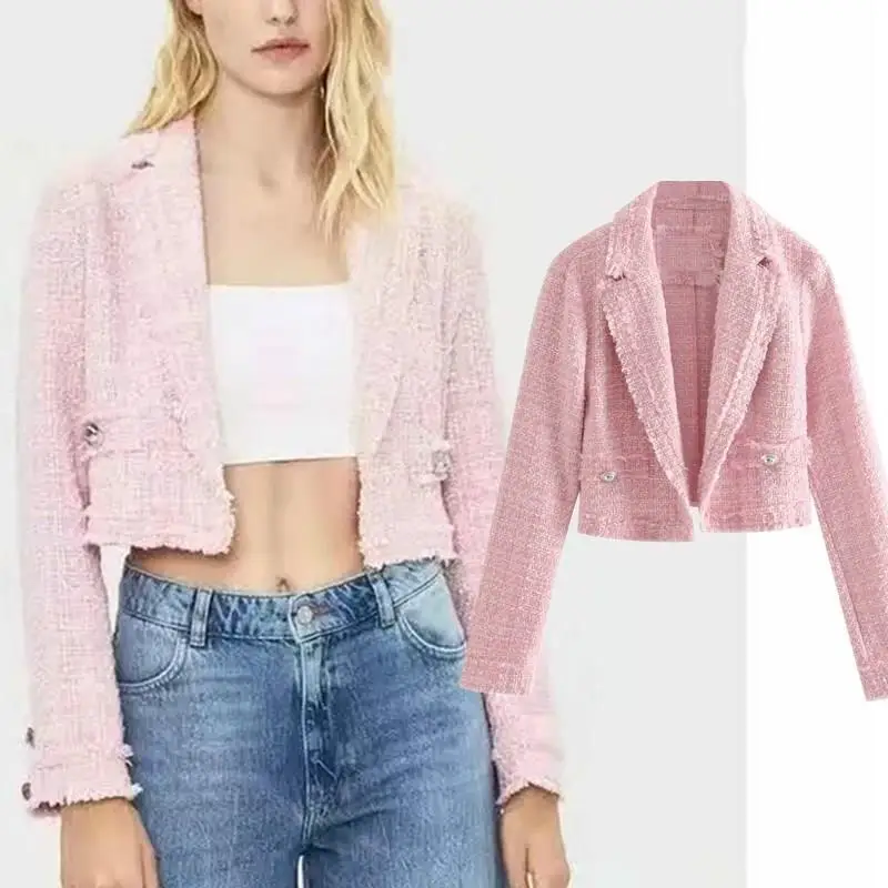 

Fall Vintage Women Short Linen Jacket V-Neck Casual Button Pink Blazer Plaid England Style Long Sleeve Blazer Coats