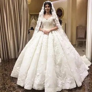 شراءجديد ثوب حفلة منفوش قطار كبير تول دانتيل زهور زينة مطرز فساتين زفاف رسمية فاخرة 2020 عربي مسلم زي العرائس