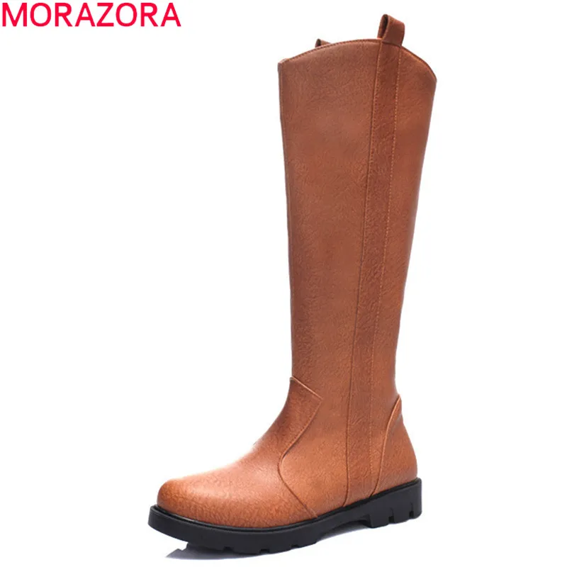

MORAZORA 2020 new arrive winter knee high boots comfortable flock solid color ladies shoes low heel round toe women boots