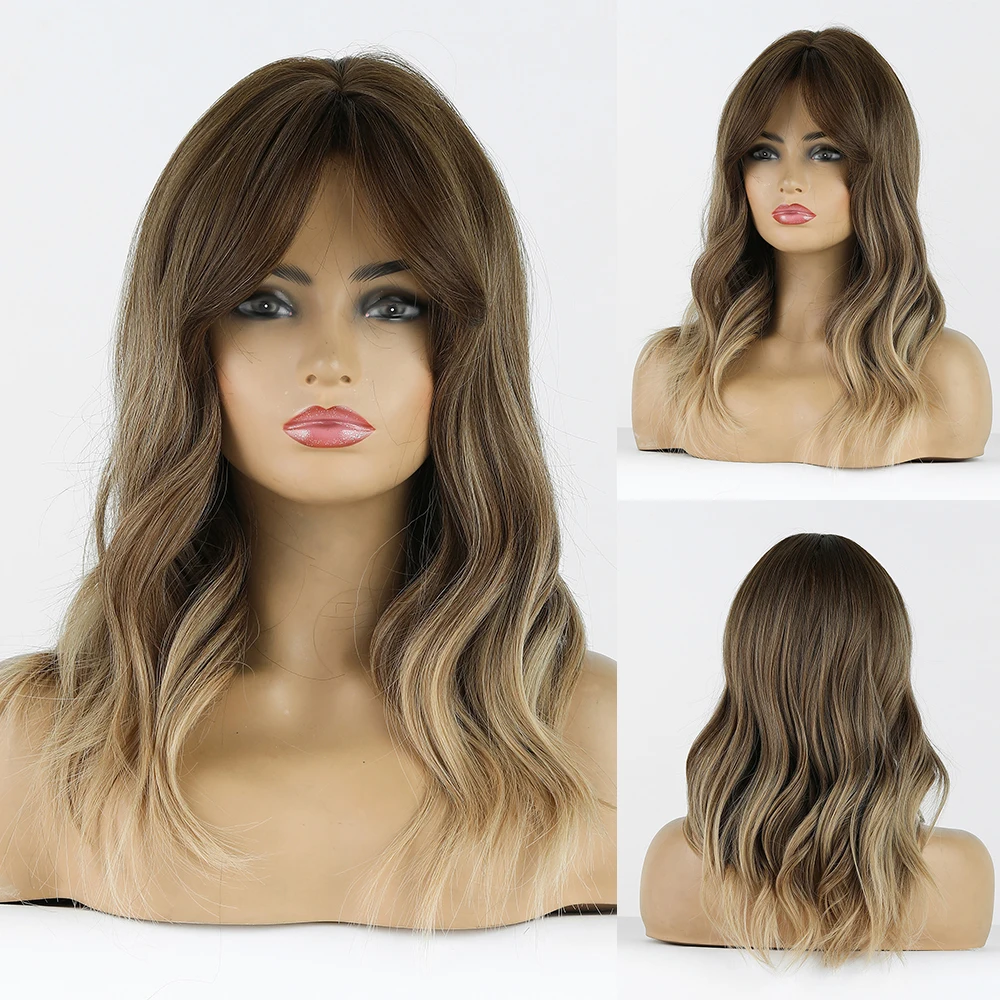 Sintéticas com Franja Escura para as Mulheres Resistente ao Calor Onenonly Comprimento Médio Onda Natural Ombre Luz Loira Perucas Raiz Cosplay Cabelo 5 clara perucas sintéticas com franja raiz escura