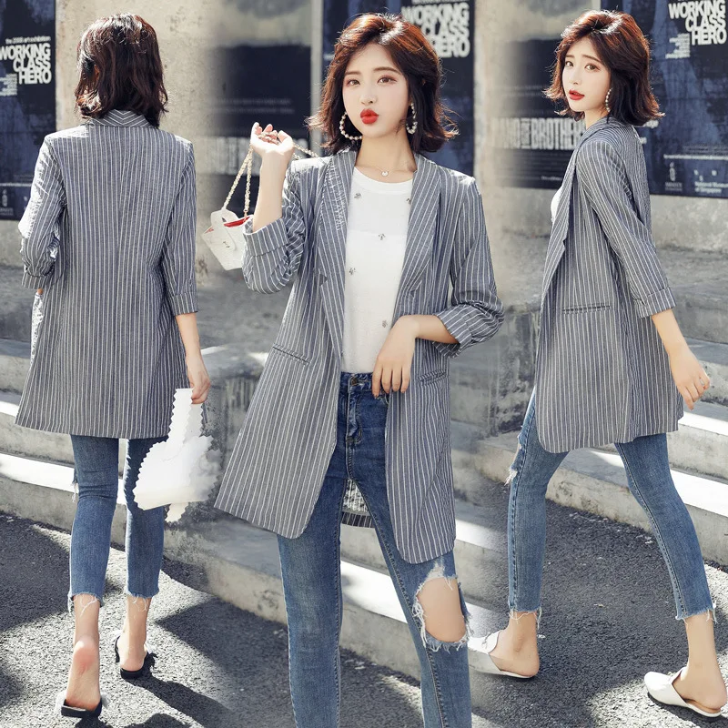 

Coat Women's Spring And Summer 2019 Early Autumn New Style Fashion Casual Stripes Cotton Linen Three-quarter-length Sleeve Small