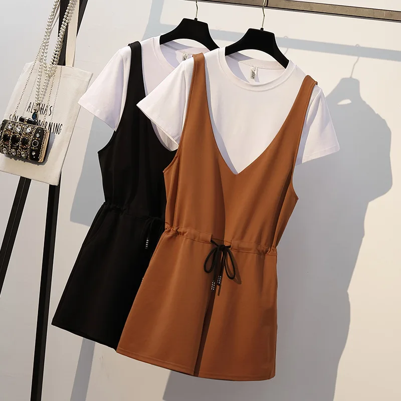 

2019 Summer Wear New Style Korean-style Large Size Plus-sized Womenswear Mm Short Sleeve T-shirt And Fashion Lace-up Waist Huggi