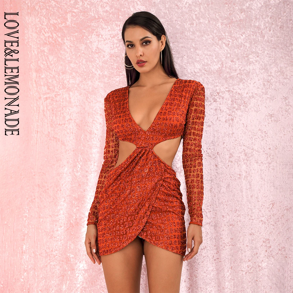 LOVE & LEMONADE сексуальное оранжевое платье с глубоким v образным вырезом и открытой
