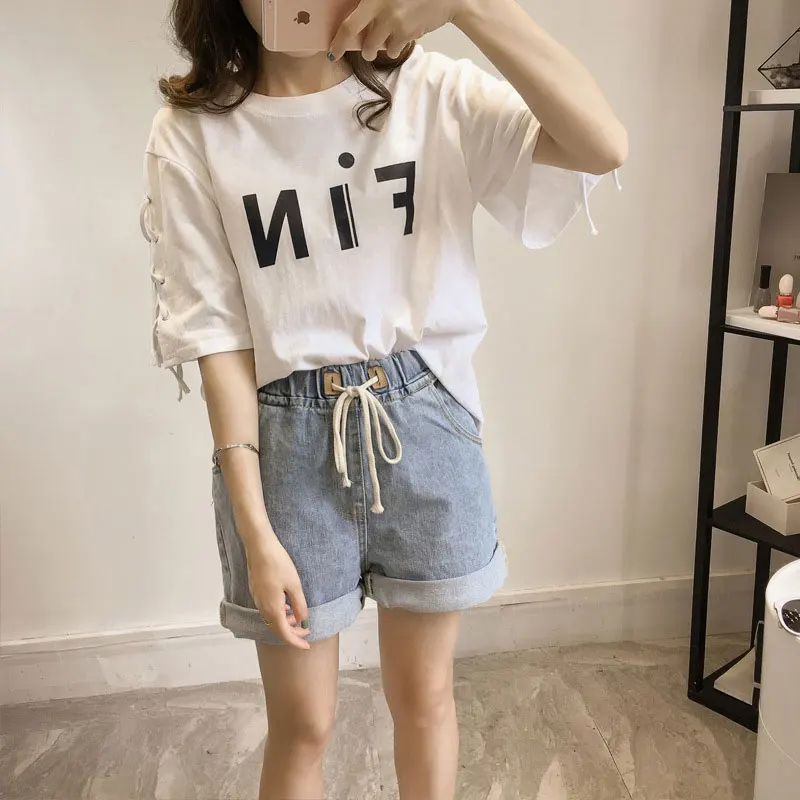 

2020 Summer Elegant Korean style T Shirt Casual loose tie sleeve T-shirt letter printing interest tshirt women oversized t shirt