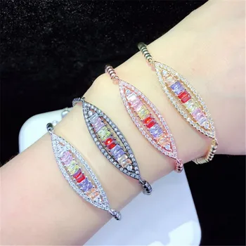 

10pcs/lot High Quality Brass Bracelet Pave Rainbow Cubic Zirconia Leaf Adjustable Bracelet Fashion Jewelry