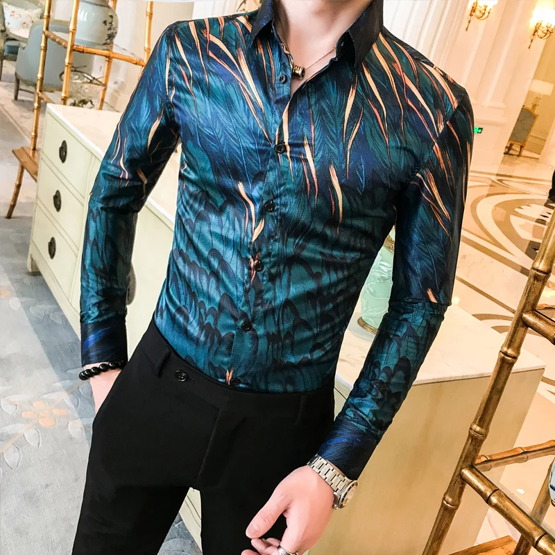 

Fashion 2019 Floral Shirt Men Autumn New Mens Social Shirts Dress Long Sleeve Digital Print Slim Fit Tuxedo Shirt Male Clothing